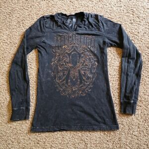 Affliction Live Fast Womens Small Black Copper Long Sleeve Acid Wash Shirt